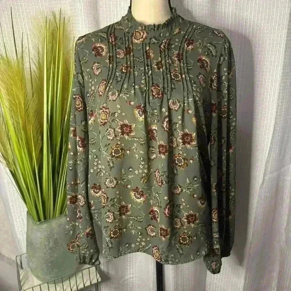 Joie Women’s L Floral Long Sleeve Mock Neck Blouse Modest Business Casual Tunic - Picture 1 of 12